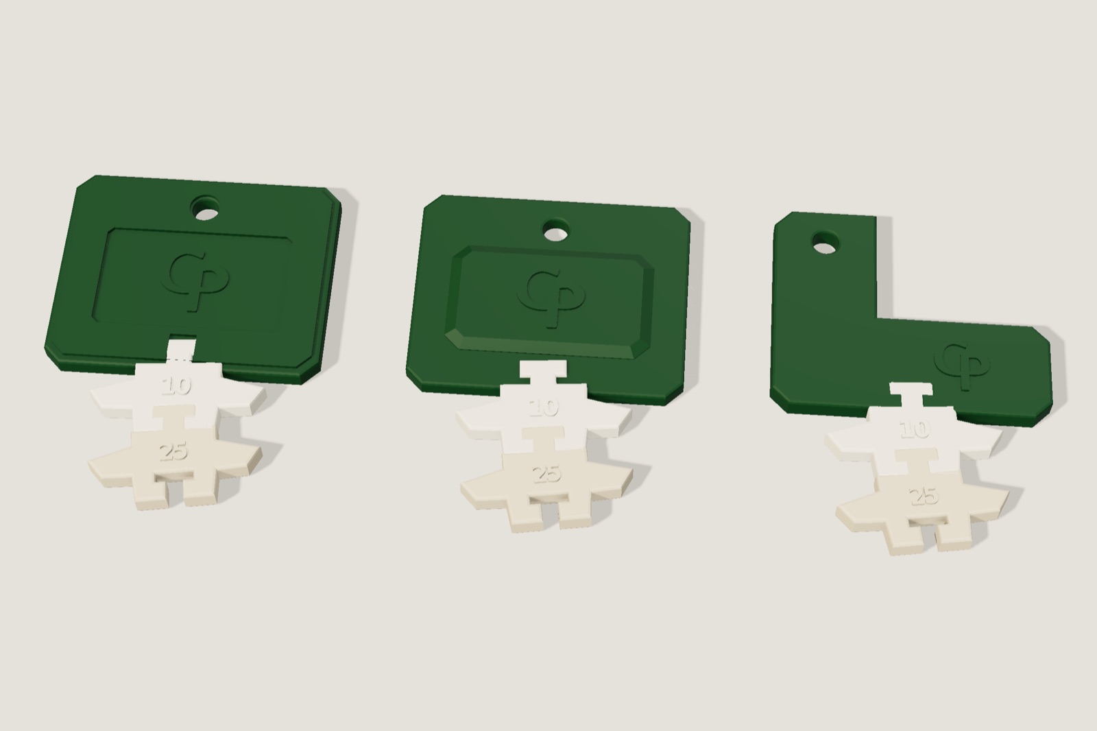 Render: three tag shapes, two rectangles and an L, each with the first two vertebrae, 10 and 25, attached