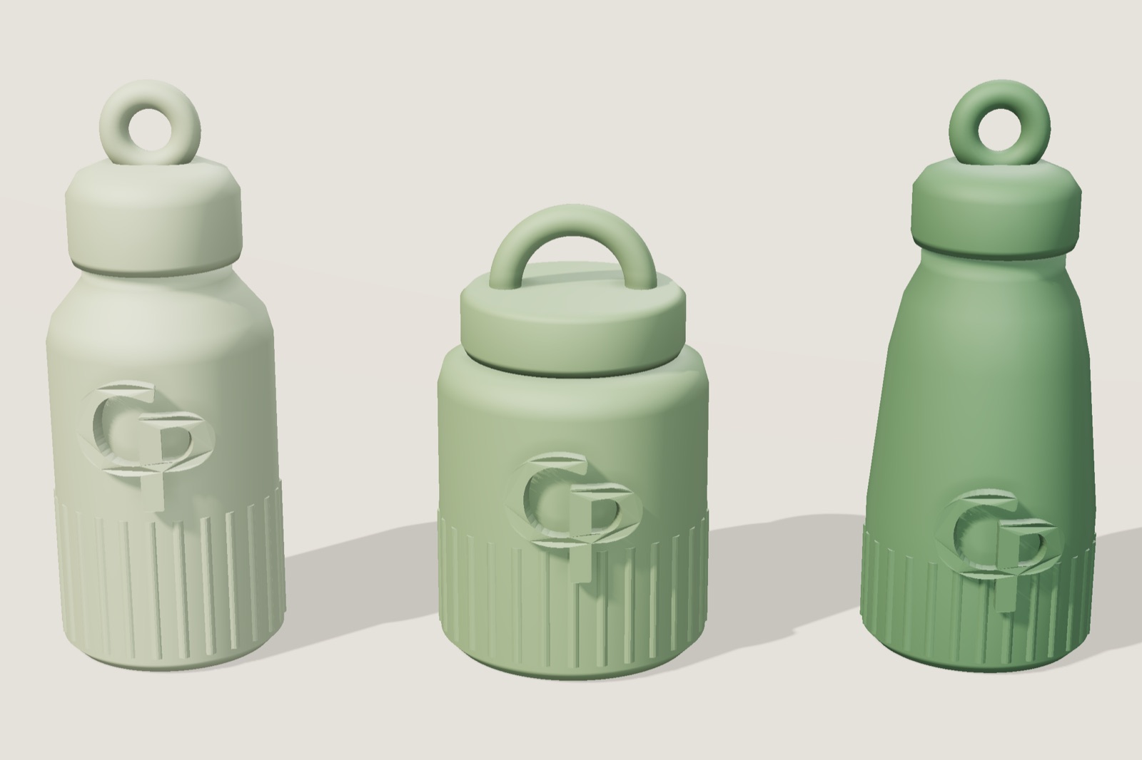 Render: three bottle shapes in sage green, a tall bottle, a squat jar with an arched handle, and a tapered bottle, each with the CP mark and a ribbed base