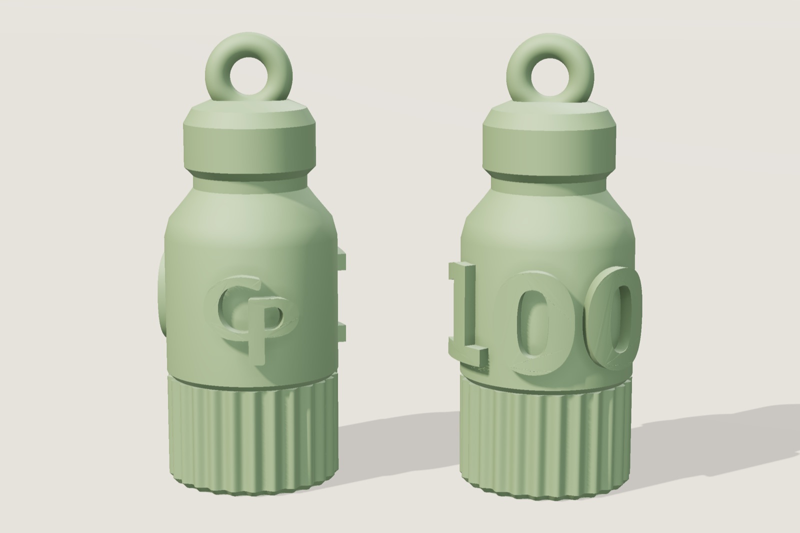 Render: the 100-class bottle from the front with the CP mark and from the back with the number 100