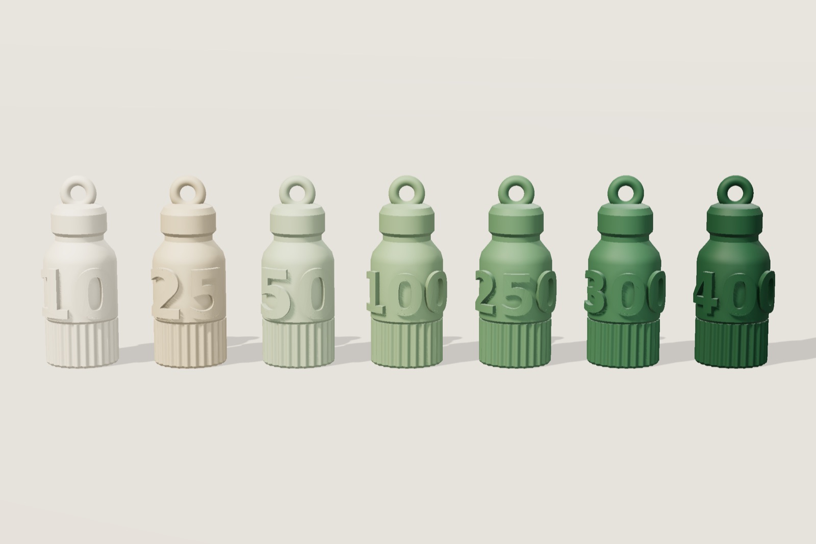 Render: the seven bottles from behind, numbered 10, 25, 50, 100, 250, 300 and 400