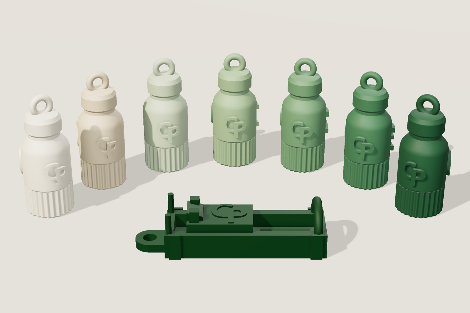 Render: seven small bottle keychains in a row, cream to deep green, each with the Cornerstone Pilates mark, and a tiny reformer in front