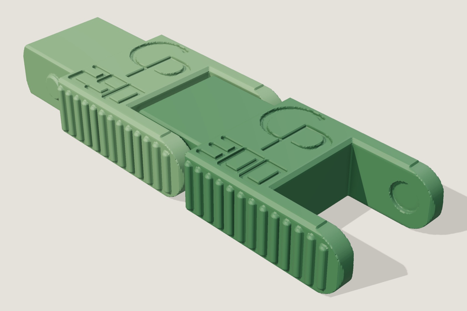 Render: two chain links up close, showing the hinge, the ribbed ends and the CP mark