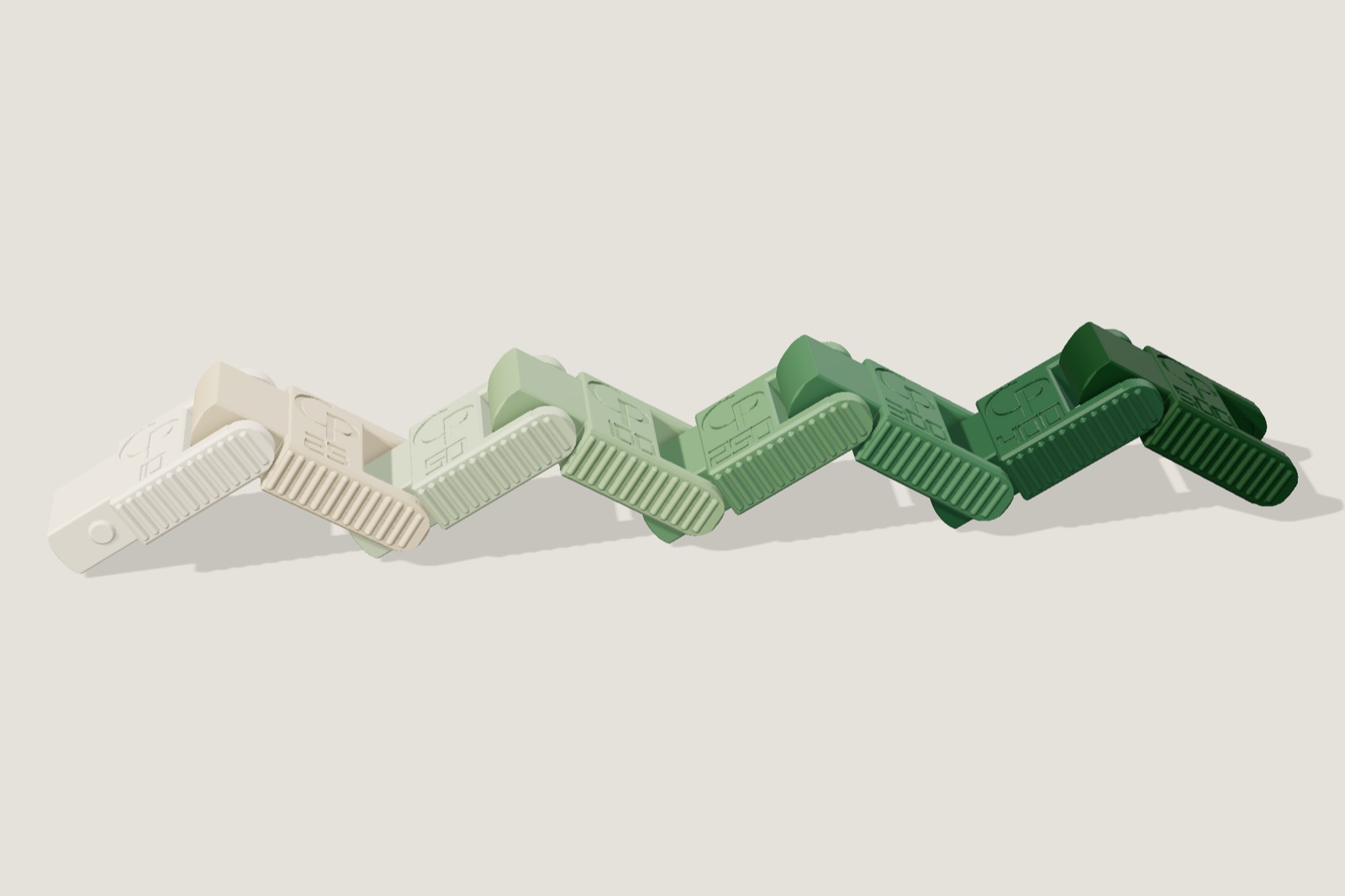 Render: a zigzag chain of eight hinged links, cream to deep green, each ribbed and marked with the CP mark