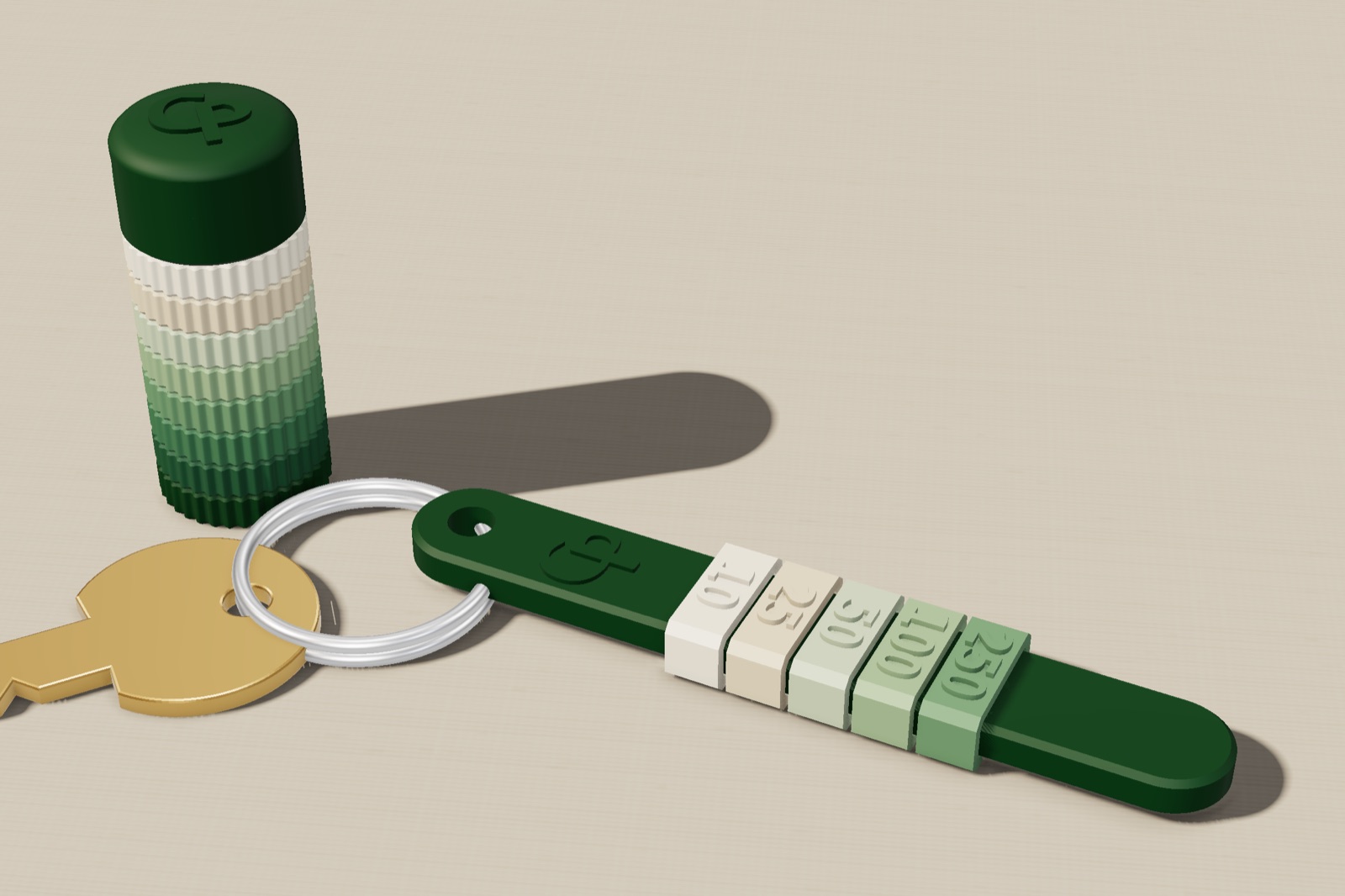 Render: the stack standing beside the collar bar on a key ring, on a linen surface
