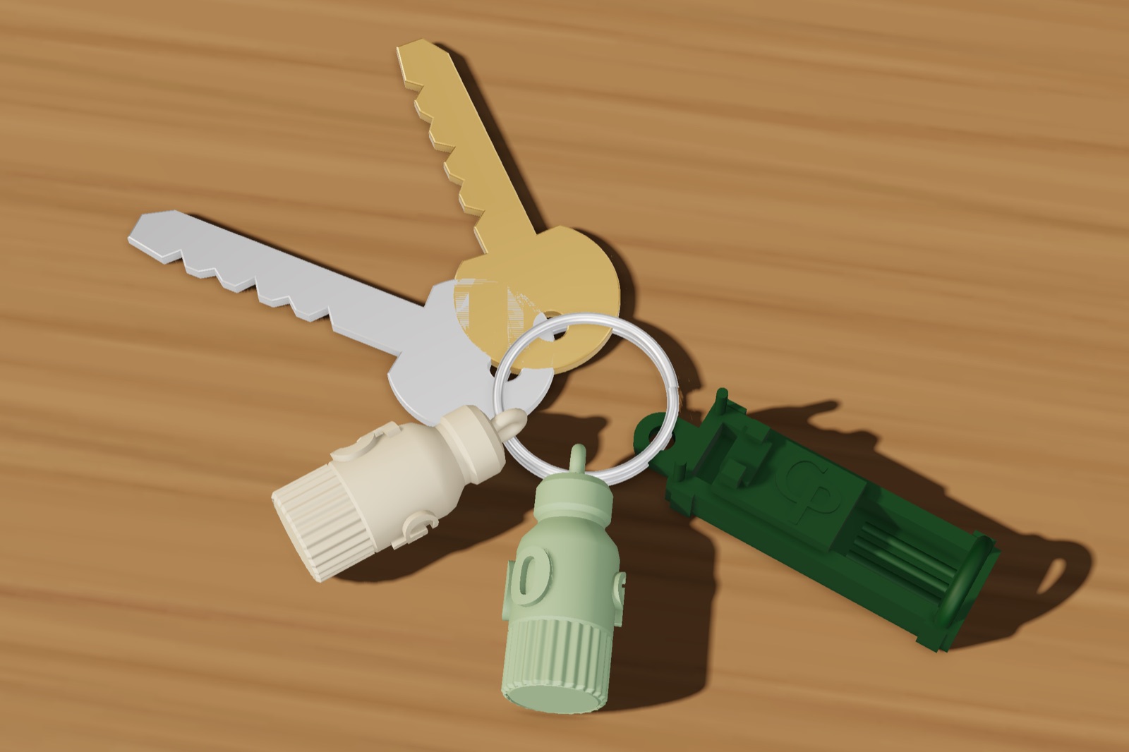 Render: two milestone bottles and a tiny green reformer on a key ring with two keys, on a wooden table