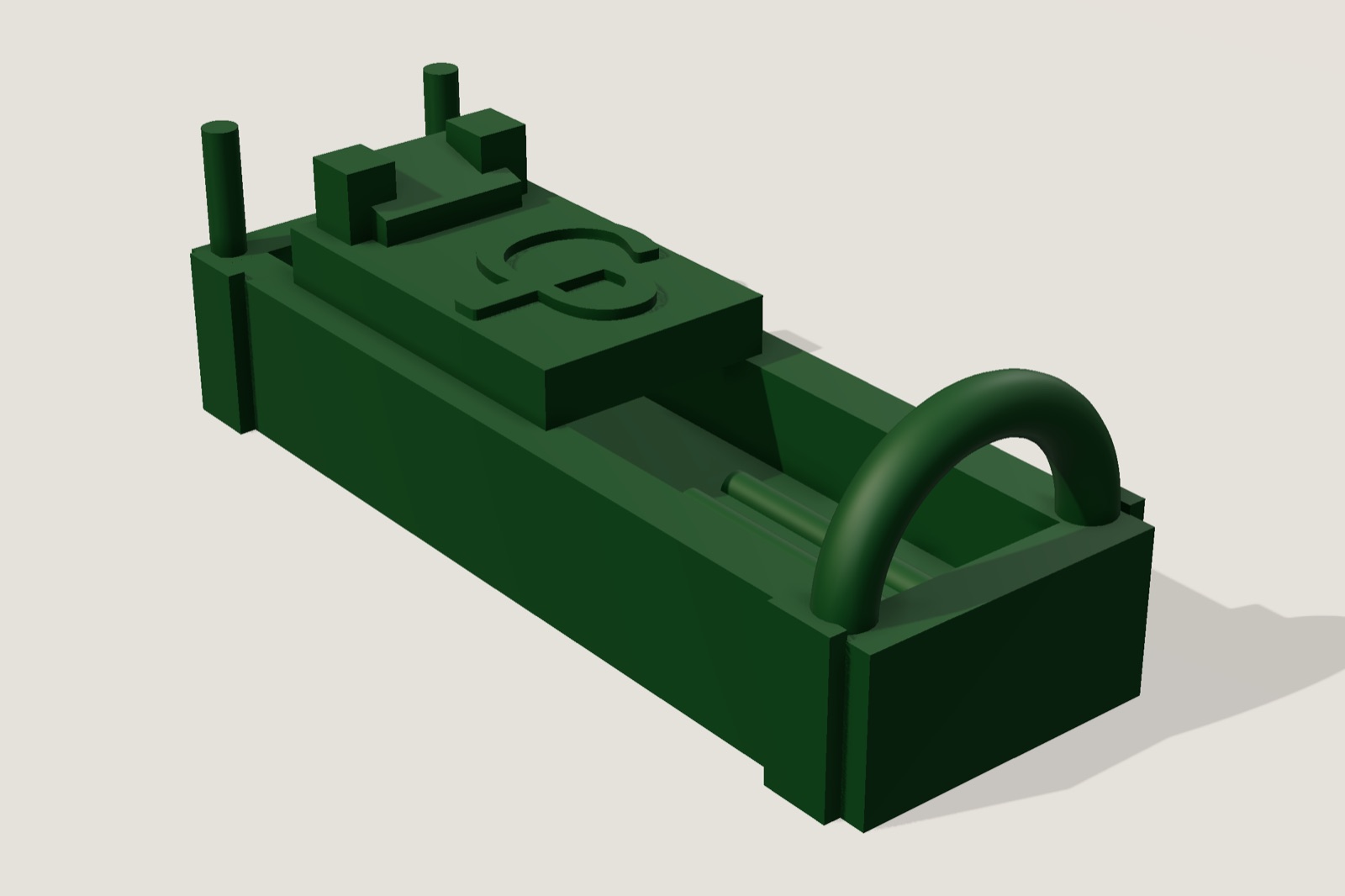 Render: a tiny dark green reformer with a key ring loop, the CP mark on the carriage