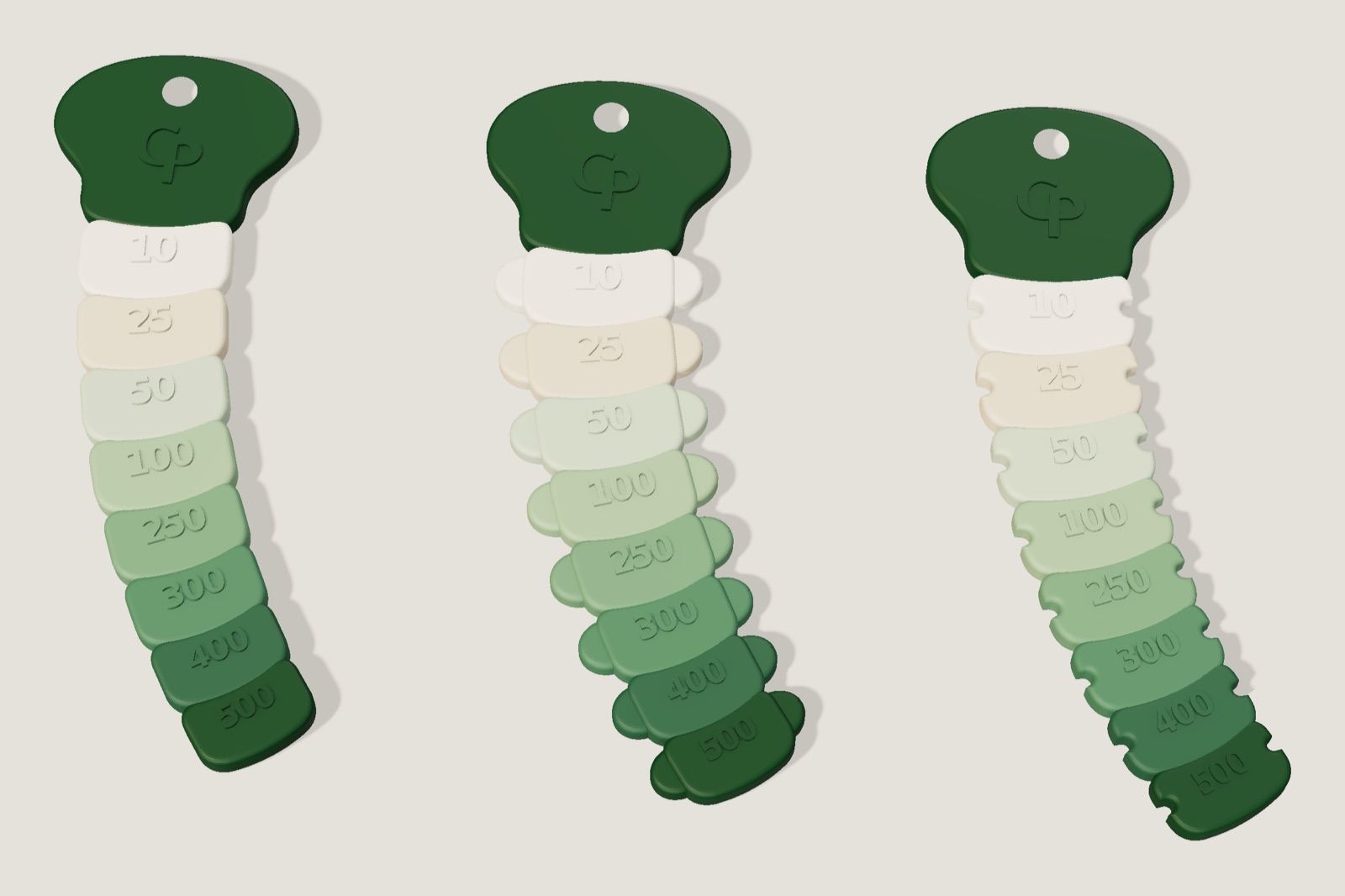 Render: three smooth-edged spines with rounded segments numbered 10 to 500