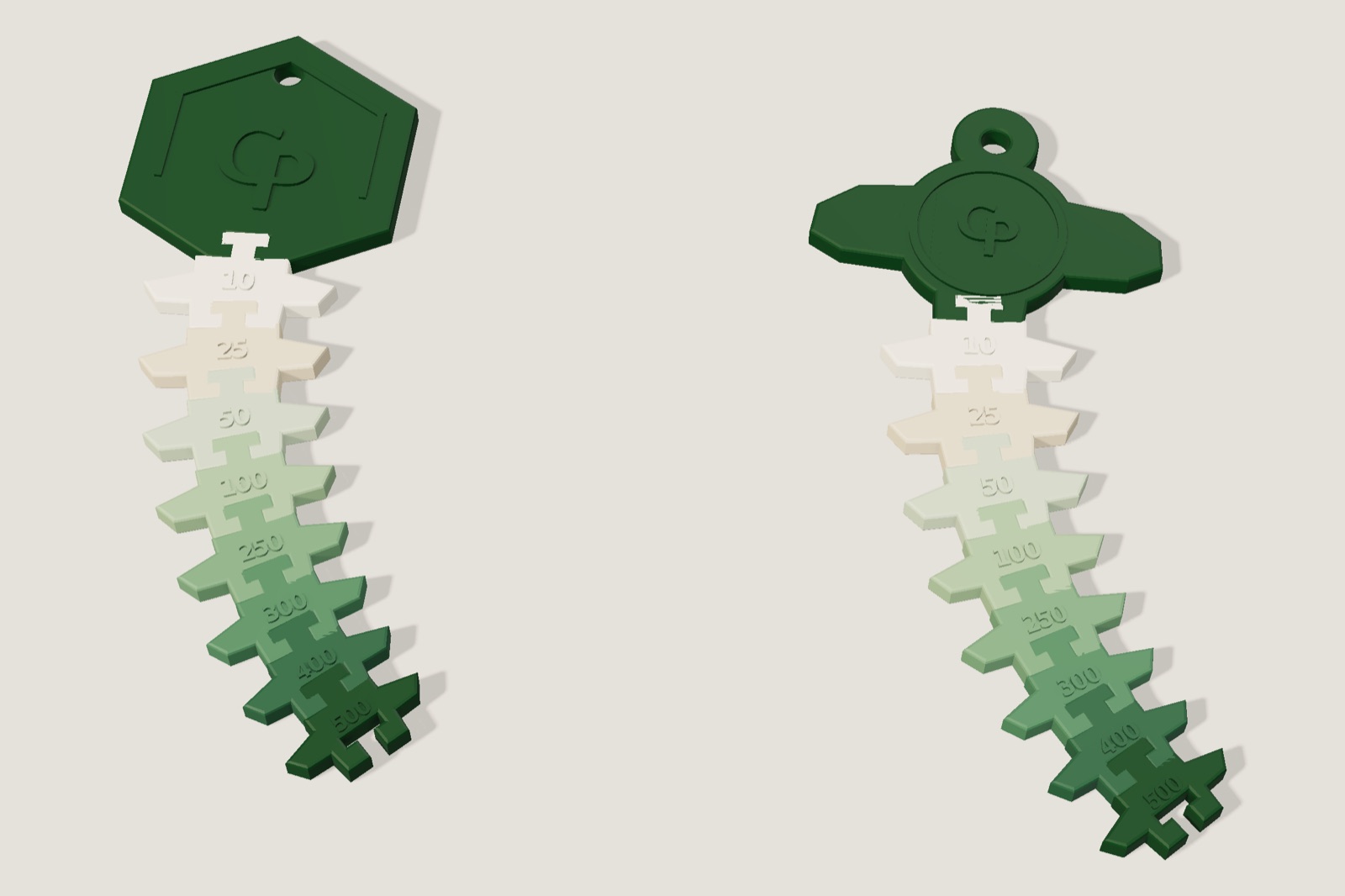Render: two spine concepts, a hexagonal tag and a cross-shaped tag, each with eight interlocking vertebrae numbered 10 to 500, shading from cream to deep green