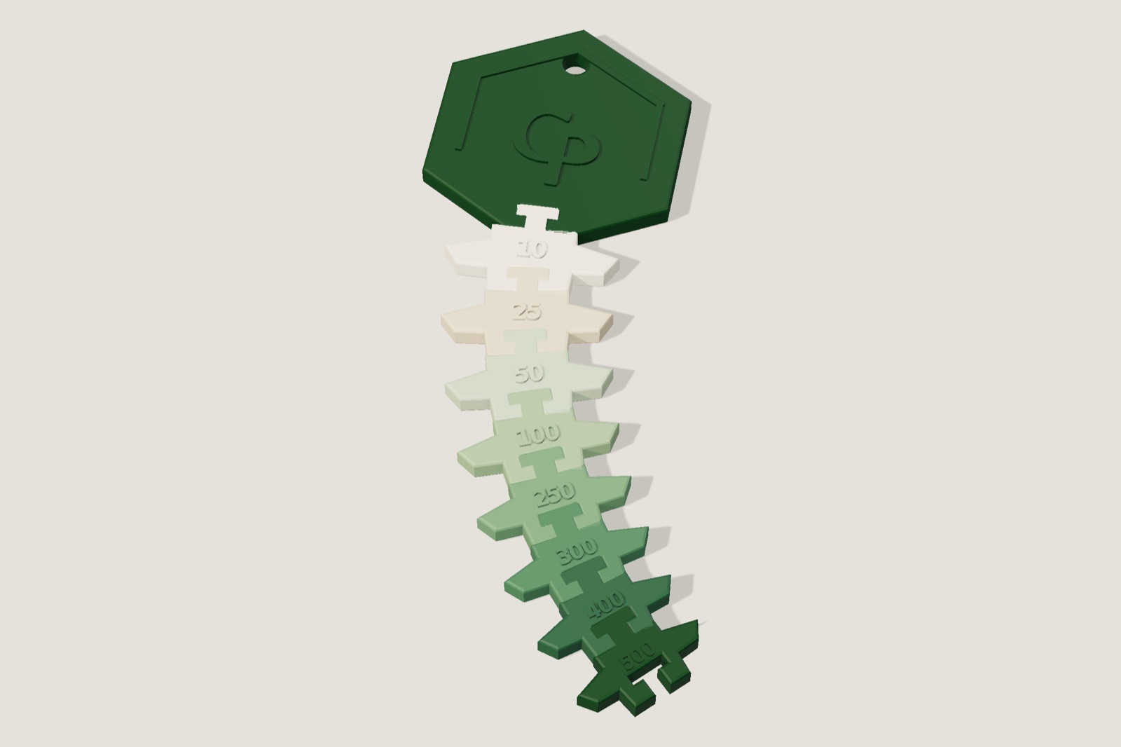 Render: the hexagonal tag with the CP mark and its spine of numbered puzzle-piece vertebrae