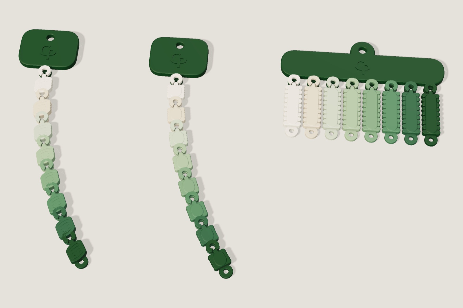 Render: two chains of small linked squares hanging from square tags, and a bar with eight numbered pendants hanging from it