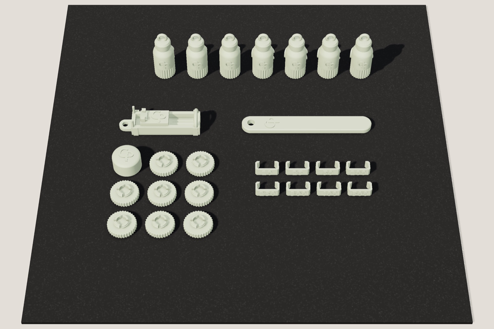 Render: a dark print bed laid out with one of every piece in a single pale colour: seven bottles, the reformer, the bar, the cap and rings, and eight collars